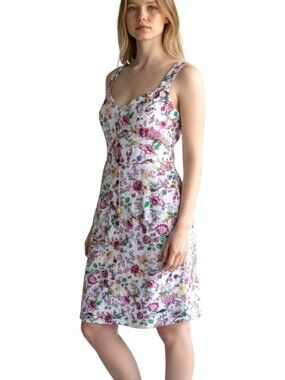 Sheath Dress Linen Blend Floral Med Ivory Multicolor Y2K Cottagecore Feminine